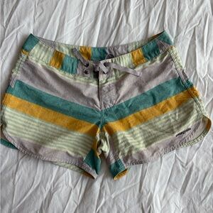 Patagonia Women's Striped Athletic Shorts - Green, Yellow, Gray
